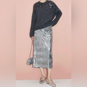 Party Silver sequined velvet beaded midi skirt